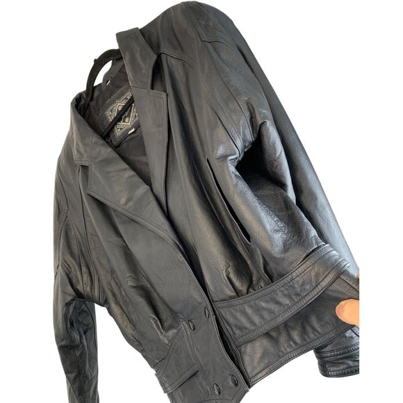 80s VTG Suzies Black Moto Leather Jacket Large Dolman Snap Crop Insulated 6729 - Picture 10 of 16